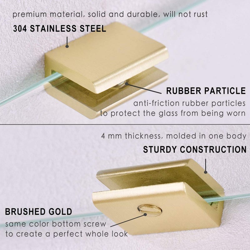 Orhemus 2pcs Adjustable 304 Stainless Steel Glass Clamp Clip Shelf Brackets Holder Support 0.23"-0.35", Brushed Gold Finished Heavy Duty - Image 4
